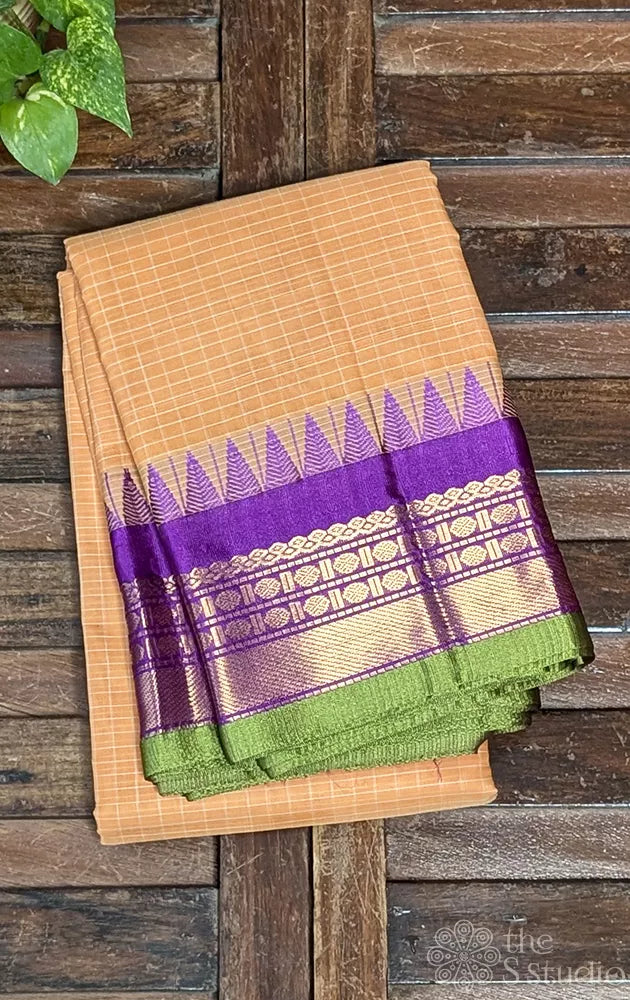 Light orange gadwal cotton saree with checks and purple border