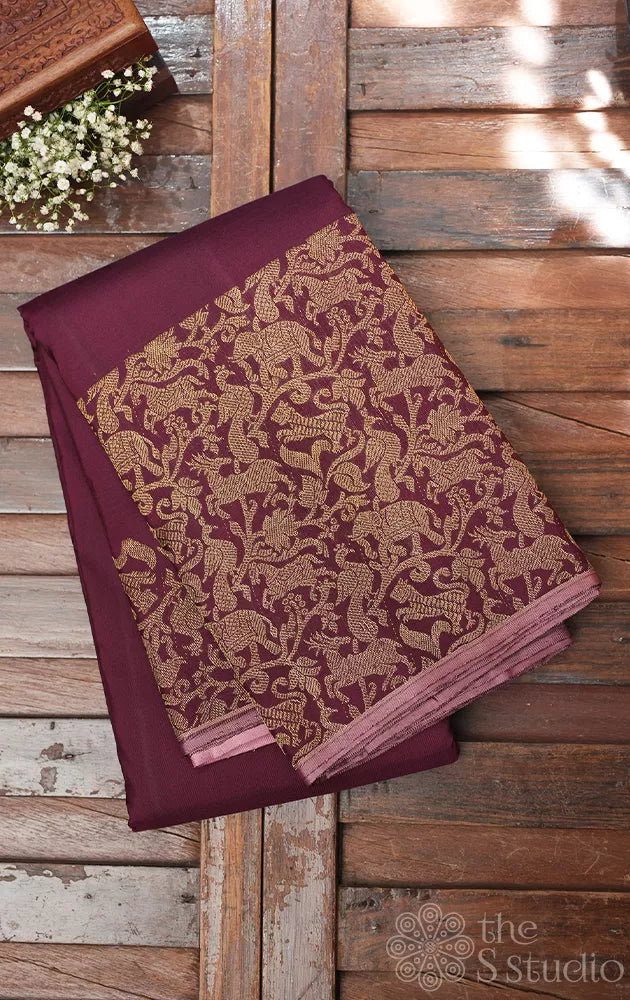 Pakku brown kanjivaram silk saree with vanasingharam border and pallu