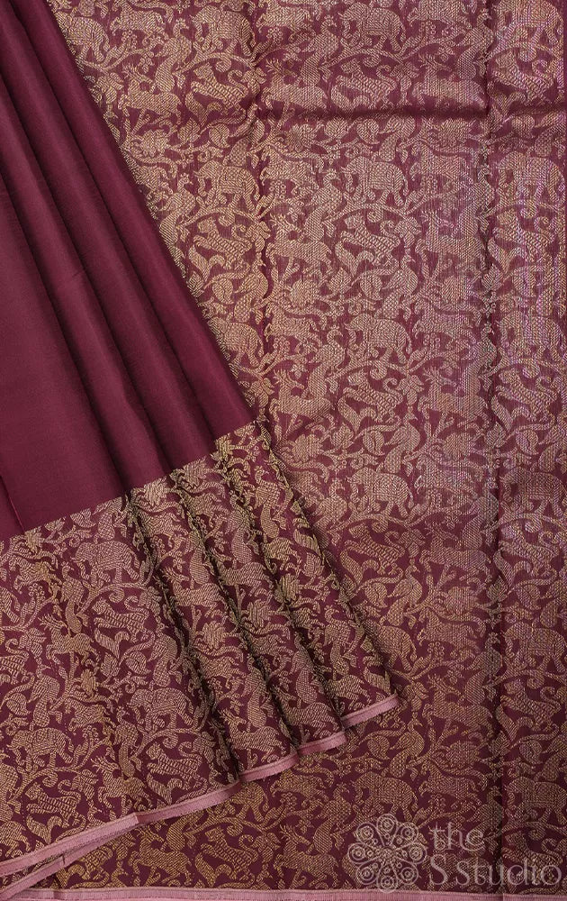 Pakku brown kanjivaram silk saree with vanasingharam border and pallu