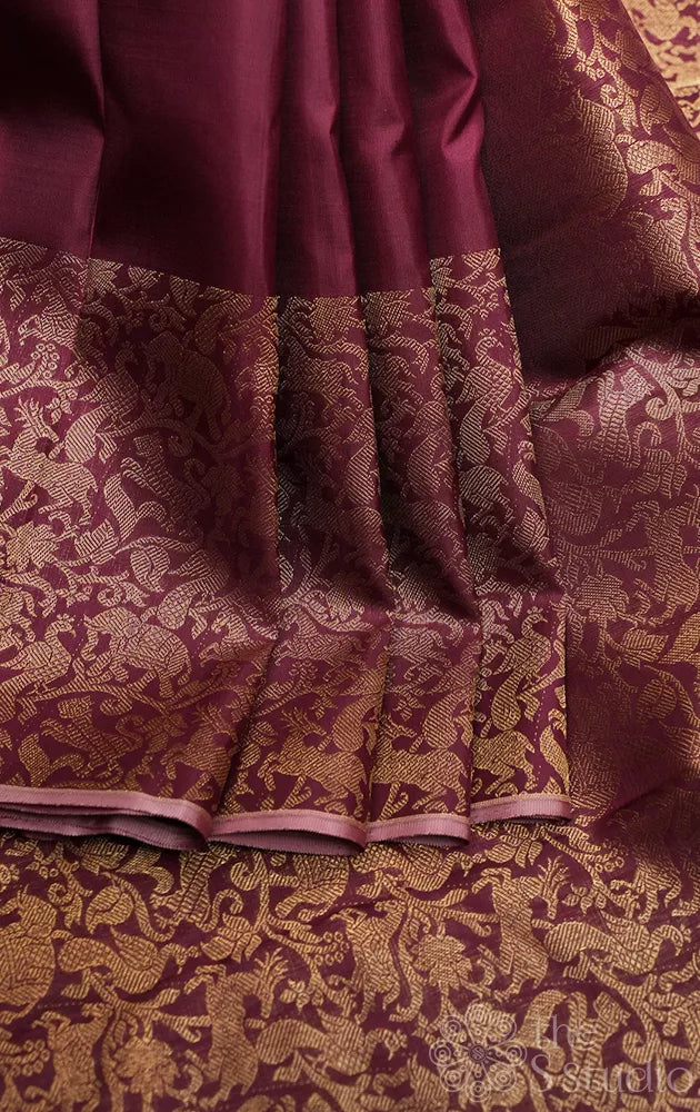 Pakku brown kanjivaram silk saree with vanasingharam border and pallu