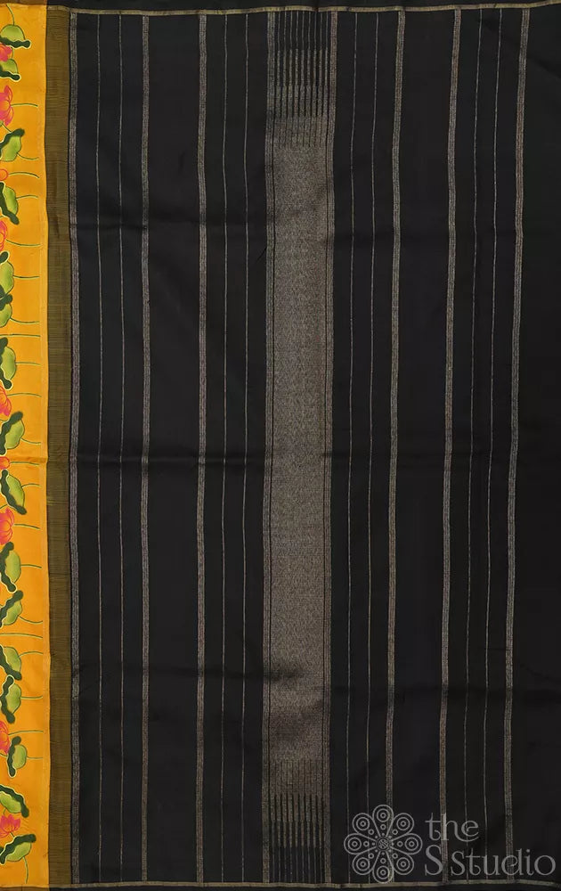 Mustard kanchipuram silk saree with hand painted pichwai and a black pallu