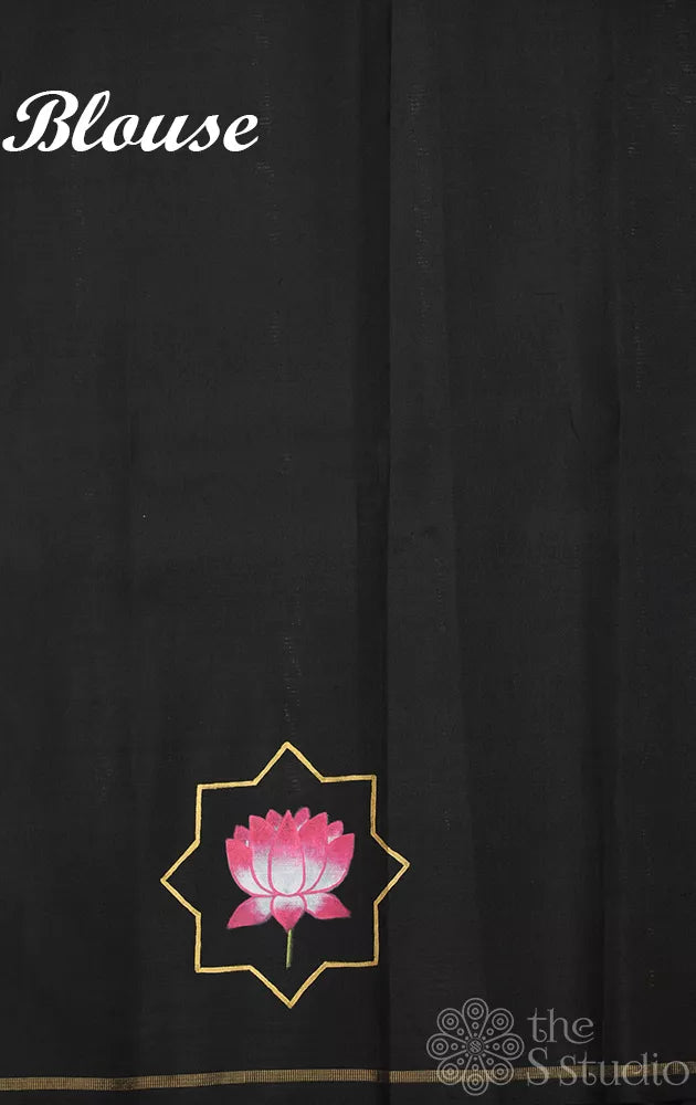 Mustard kanchipuram silk saree with hand painted pichwai and a black pallu