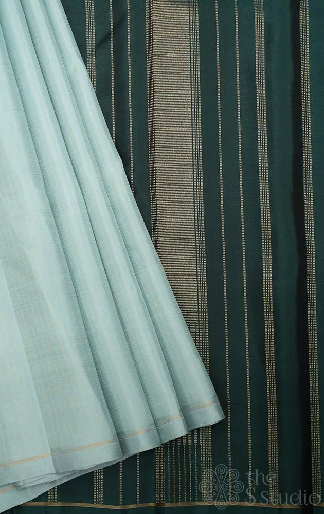 Powder blue borderless Kanchipuram silk saree with thread lines