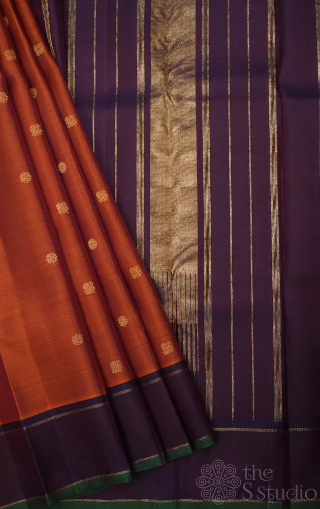 Rust kanchipuram silk saree with violet border