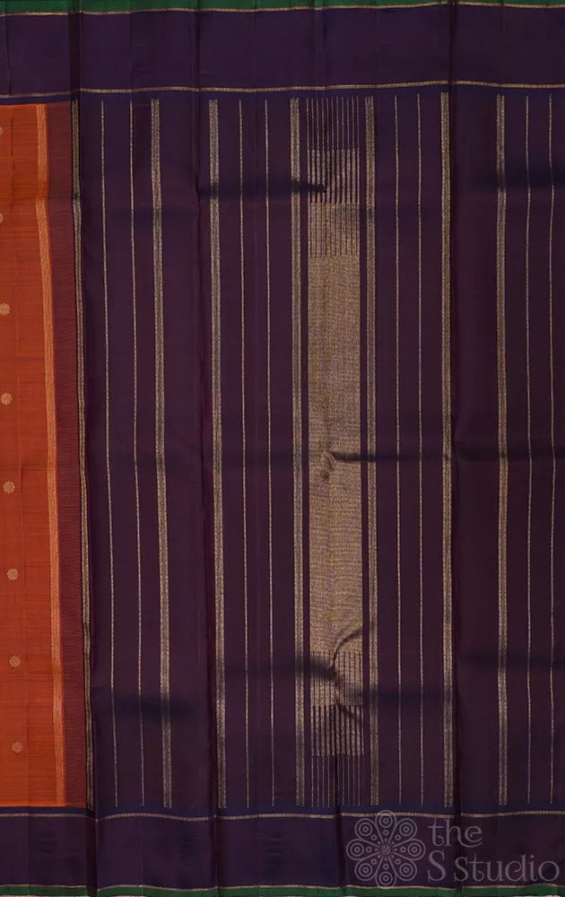 Rust kanchipuram silk saree with violet border