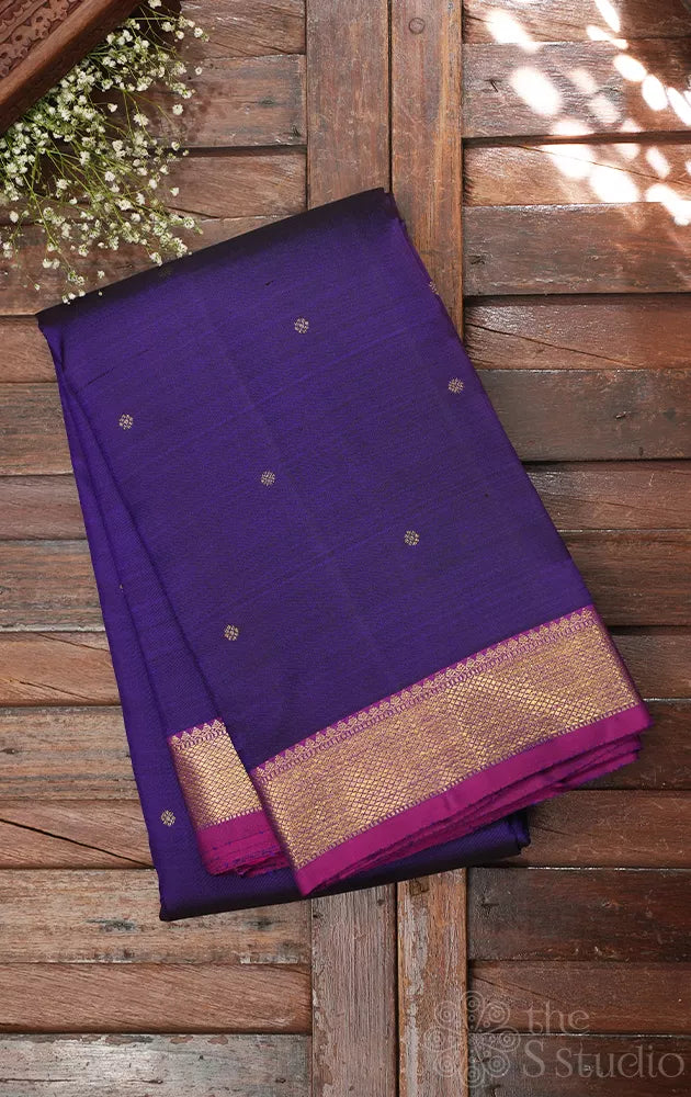 Violet kanchipuram silk saree with small purple getti zari border