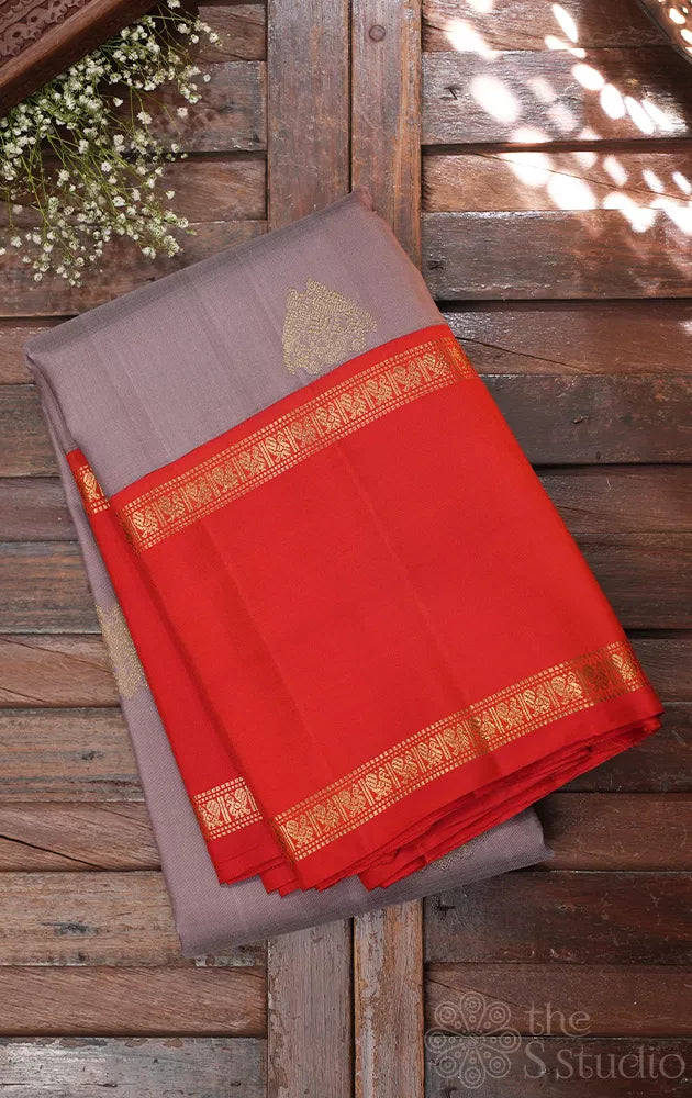 Cocoa brown kanchipuram silk saree with red korvai border
