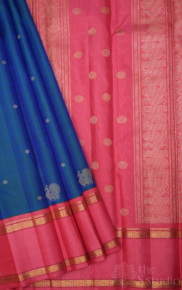 Peacock blue kanjivaram silk saree with korvai bubble gum pink border