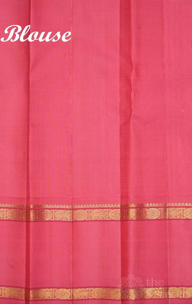 Peacock blue kanjivaram silk saree with korvai bubble gum pink border