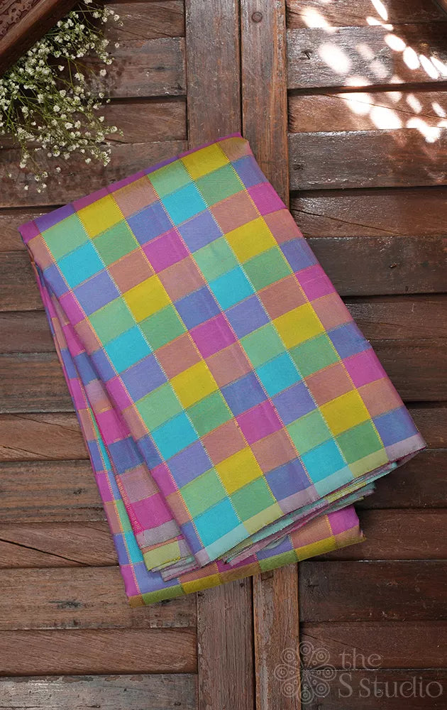 Pastel multi colour checked kanchi silk saree with pink butta woven pallu