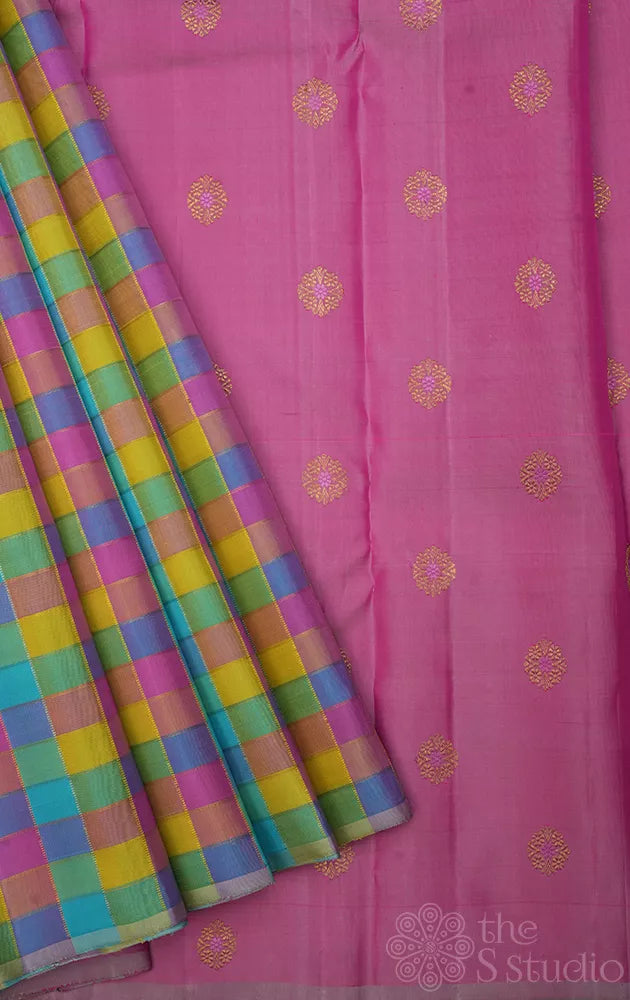 Pastel multi colour checked kanchi silk saree with pink butta woven pallu