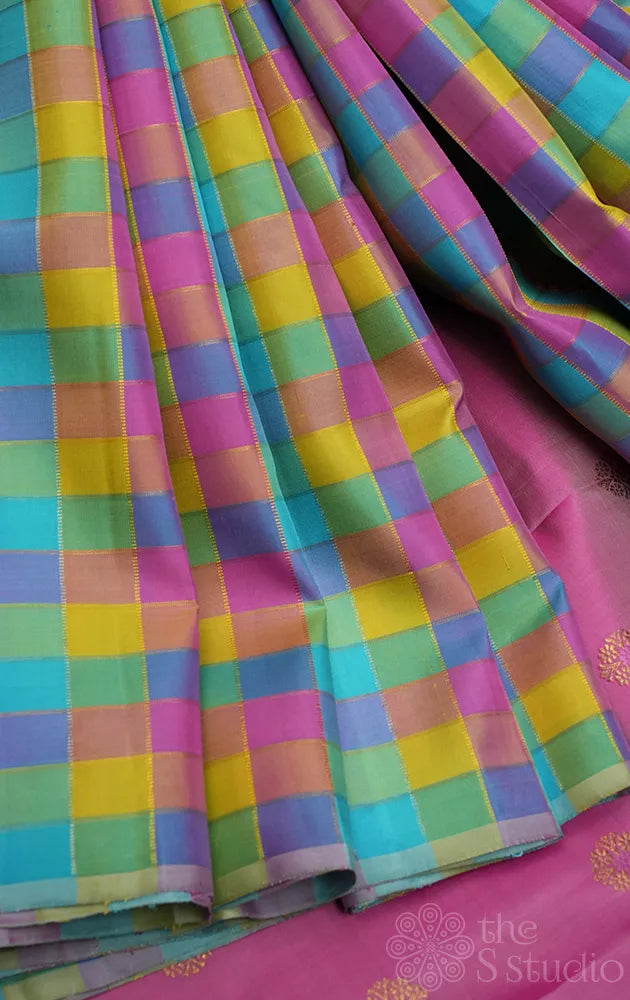 Pastel multi colour checked kanchi silk saree with pink butta woven pallu