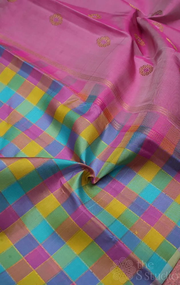 Pastel multi colour checked kanchi silk saree with pink butta woven pallu