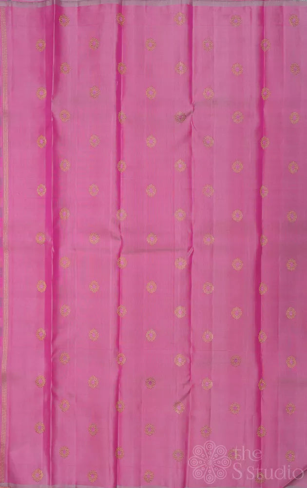 Pastel multi colour checked kanchi silk saree with pink butta woven pallu