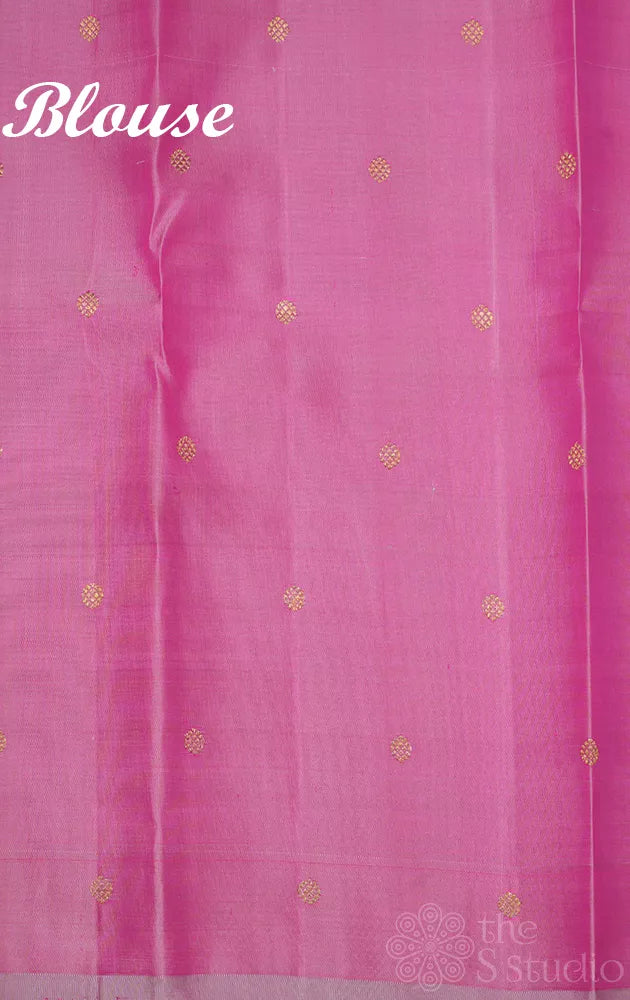 Pastel multi colour checked kanchi silk saree with pink butta woven pallu