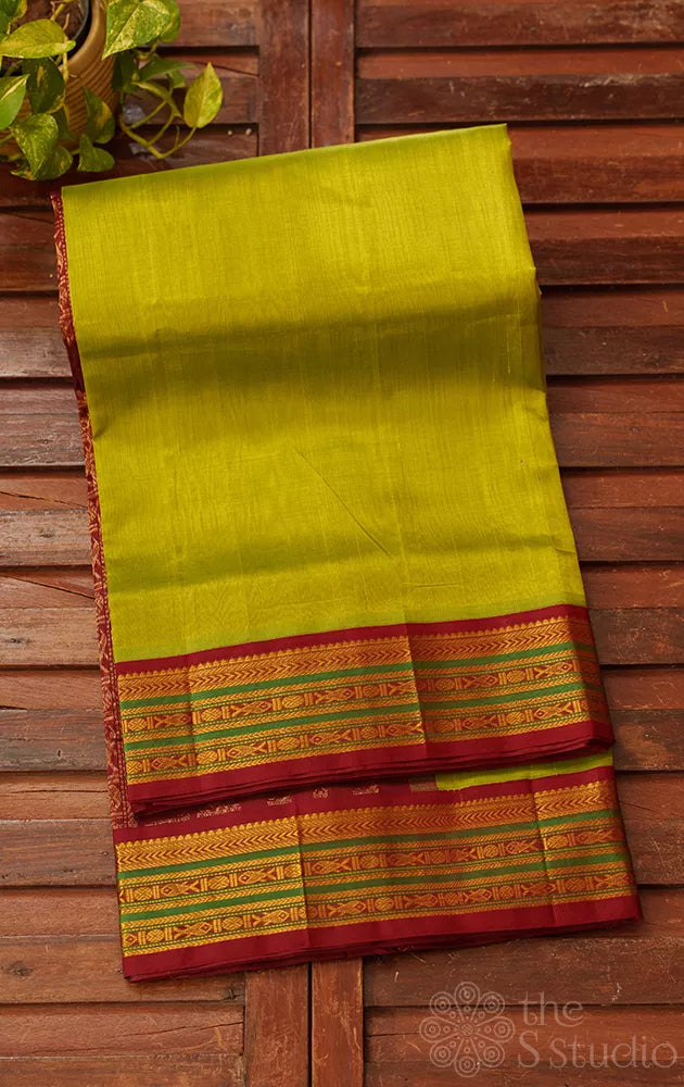 Light green handloom silk cotton saree with korvai maroon border