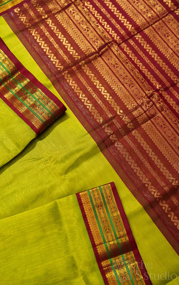 Light green handloom silk cotton saree with korvai maroon border