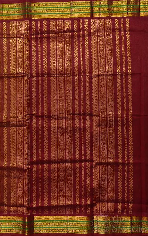 Light green handloom silk cotton saree with korvai maroon border
