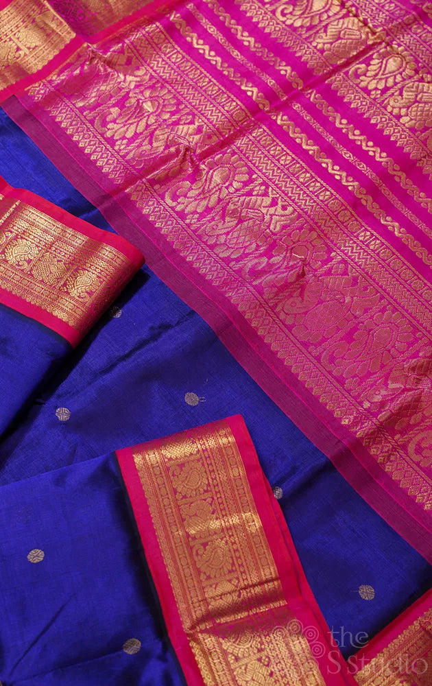 MS blue handwoven cotton silk saree with korvai zari border
