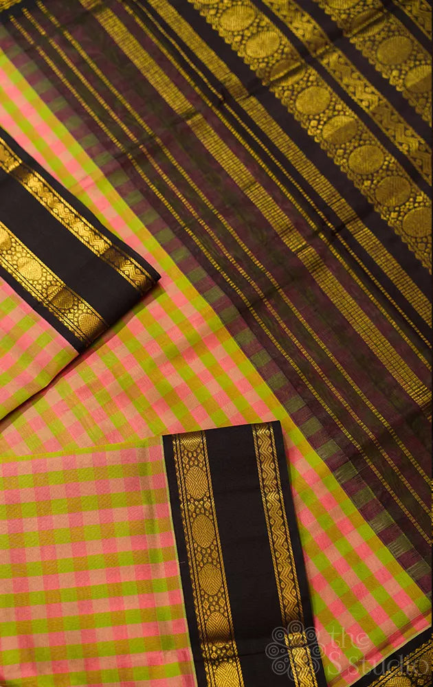 Light green and pink checks handloom silk cotton saree with korvai border