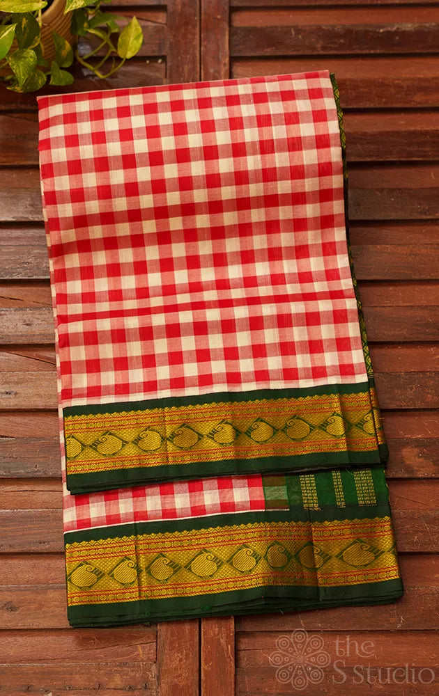 Red and white checked handwoven kanchipuram silk cotton saree with korvai rettaipet border
