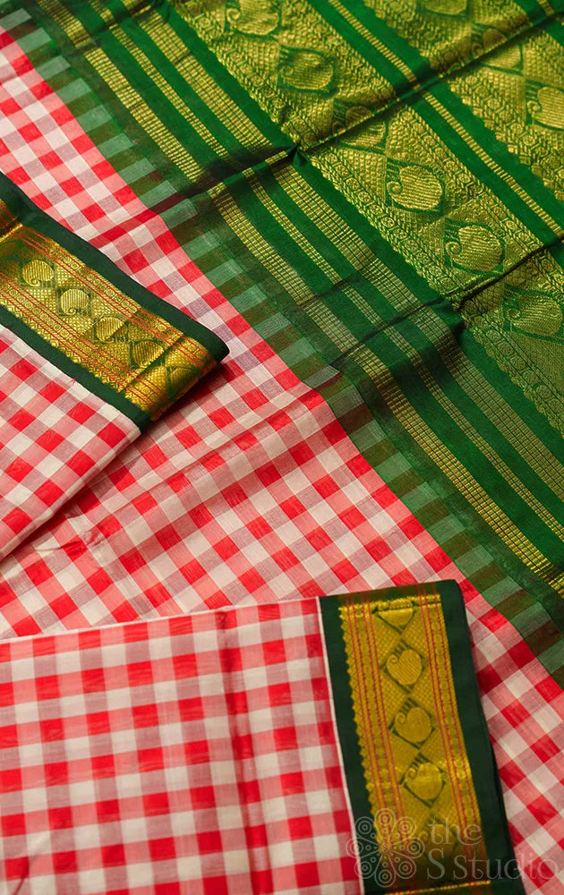 Red and white checked handwoven kanchipuram silk cotton saree with korvai rettaipet border