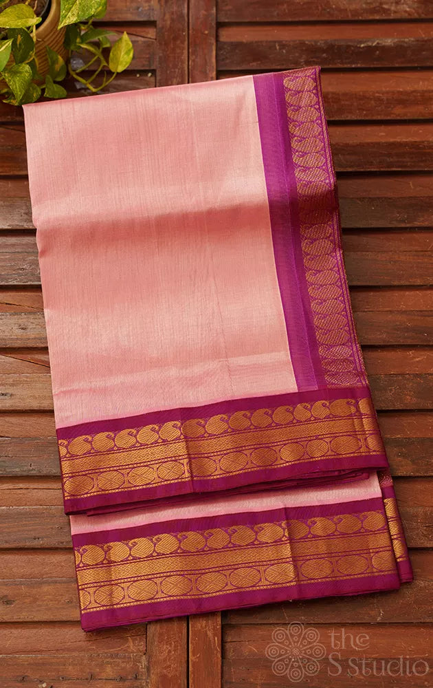 Light pink vairaoosi kanchipuram silk cotton saree with korvai purple border