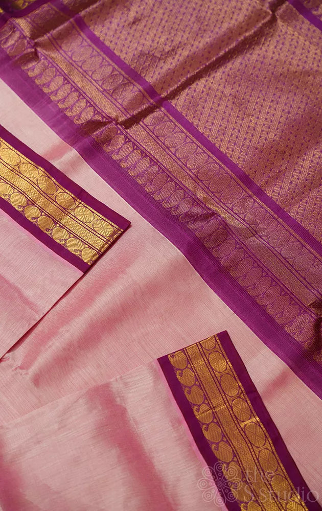 Light pink vairaoosi kanchipuram silk cotton saree with korvai purple border