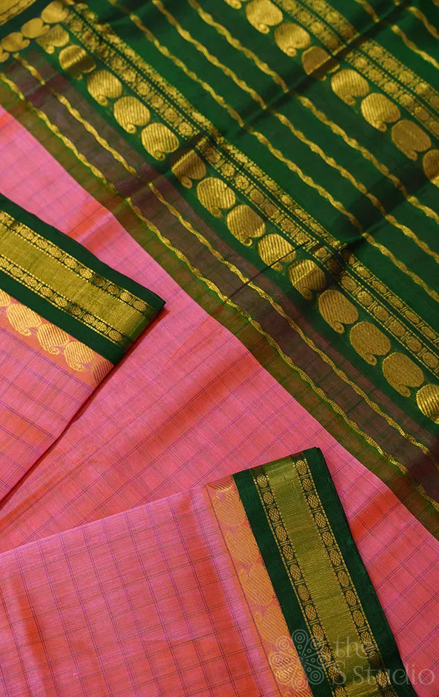 Pinkish peach handloom cotton silk saree with checks
