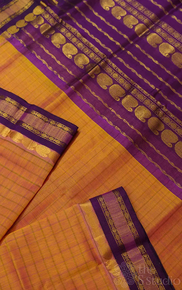 Peachish yellow dual tone  cotton silk saree with checks