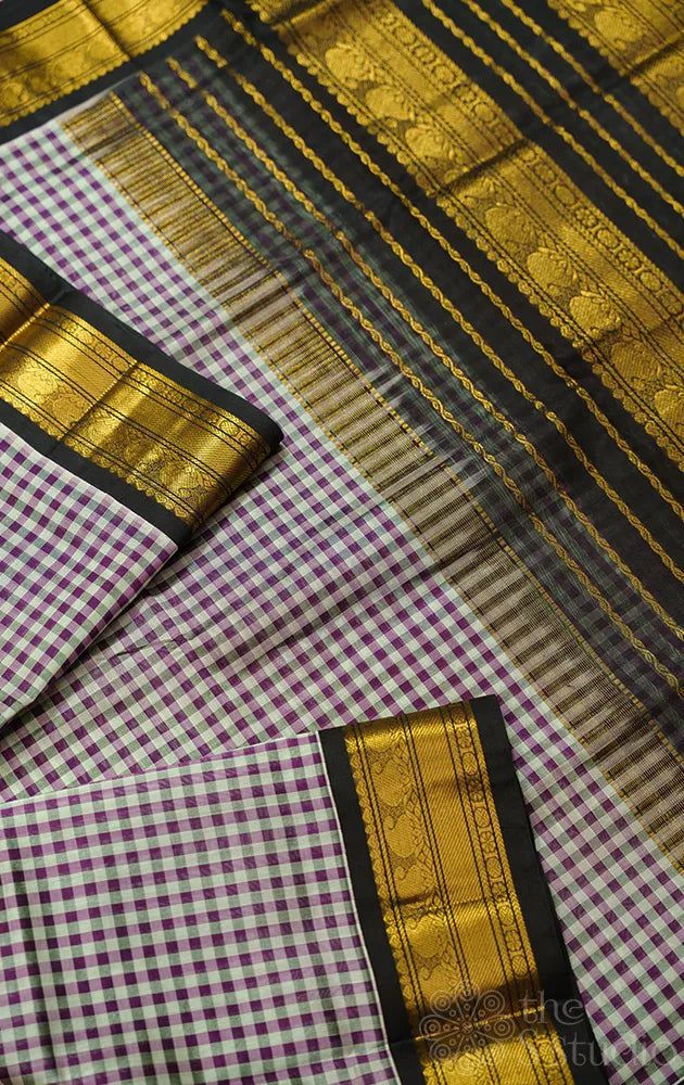 Multicolour checks handloom silk cotton saree with korvai border