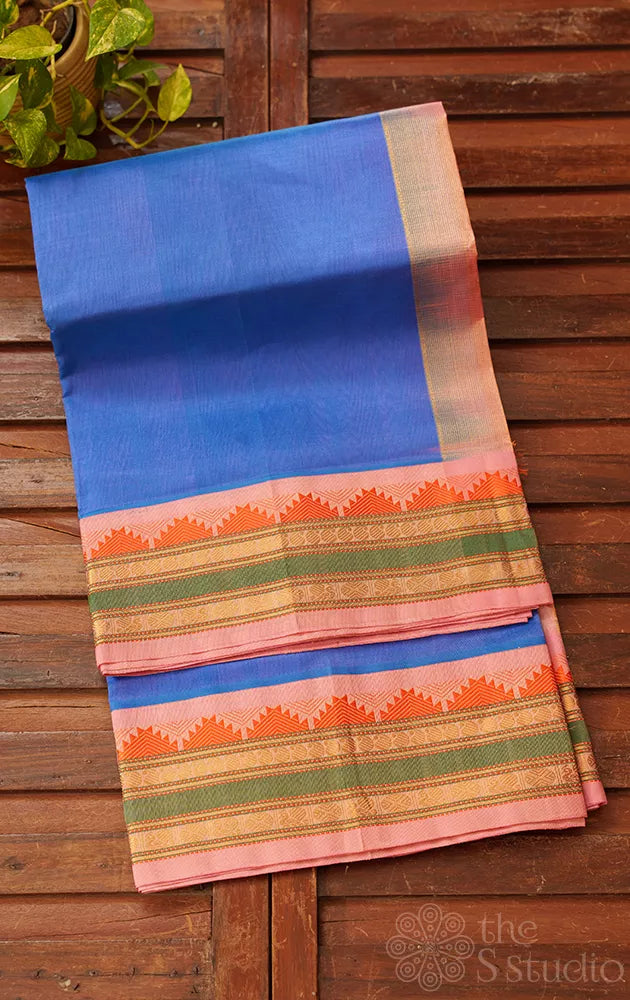 Cobalt blue plain  silk cotton saree with korvai light pink border 