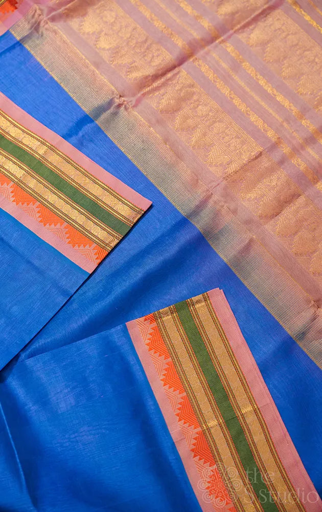 Cobalt blue plain  silk cotton saree with korvai light pink border