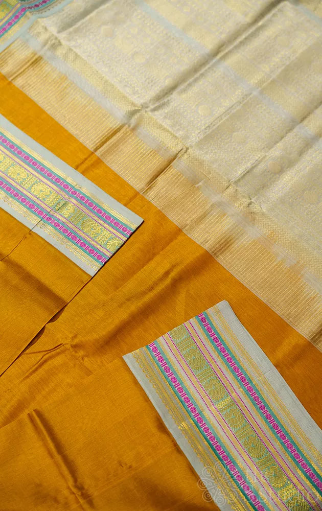 Methi mustard  handwovenkanchipuram silk cotton saree with grey border