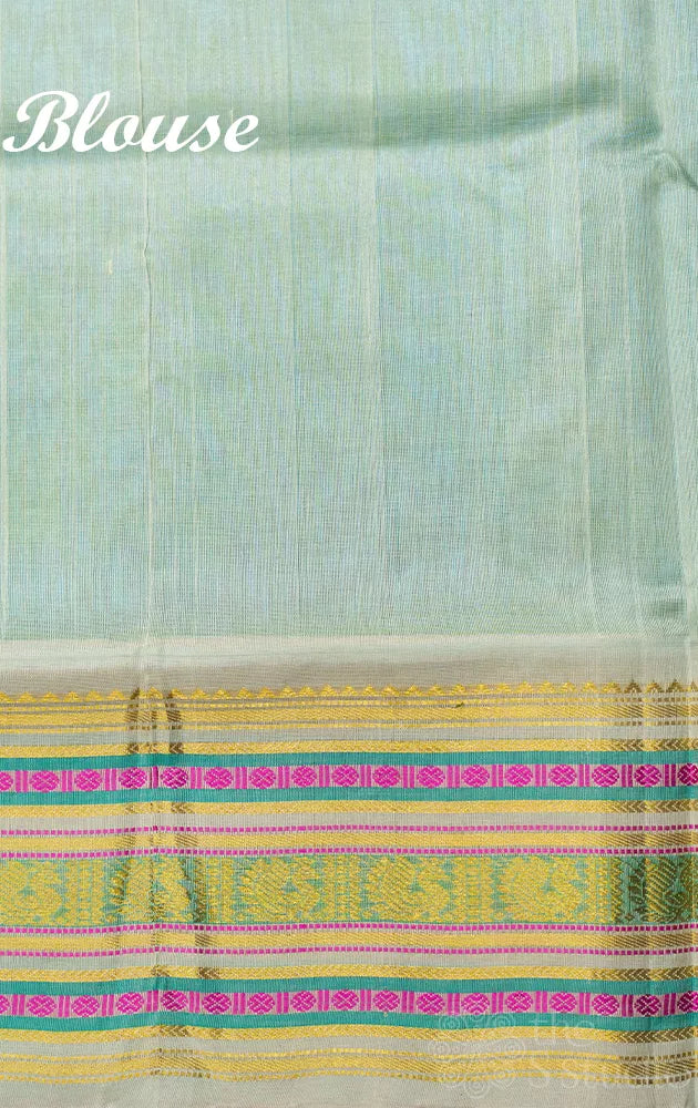 Turquoise blue handloom silk cotton saree with grey korvai border
