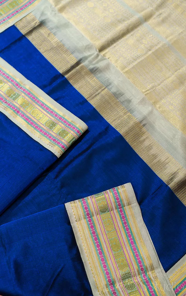 Royal blue  handloom silk cotton saree with grey korvai border