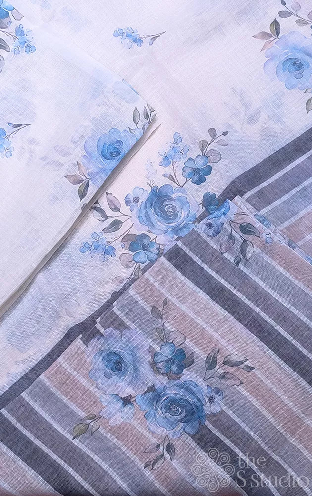 Off white linen saree with blue floral prints