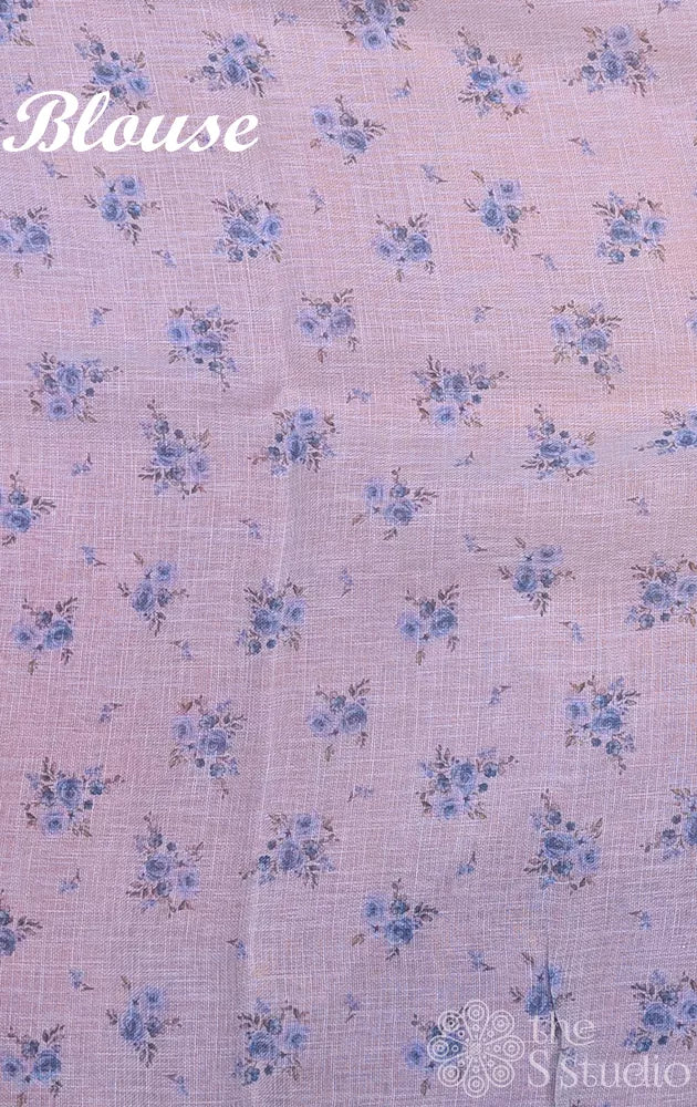 Off white linen saree with blue floral prints
