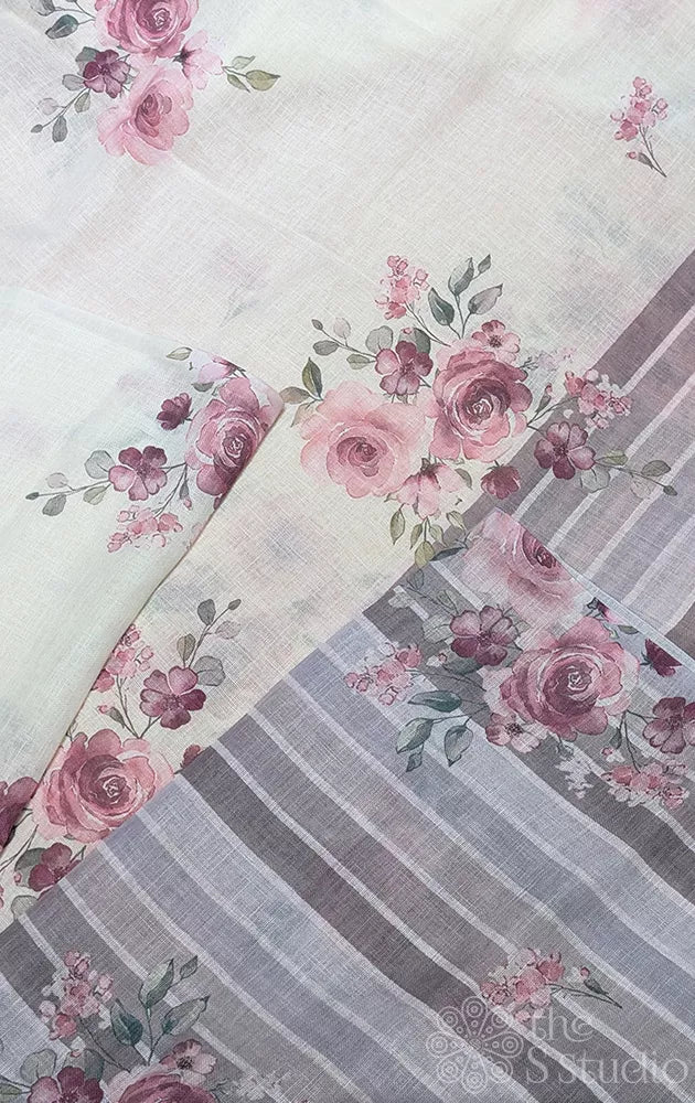 Off white linen saree with onion pink small floral prints