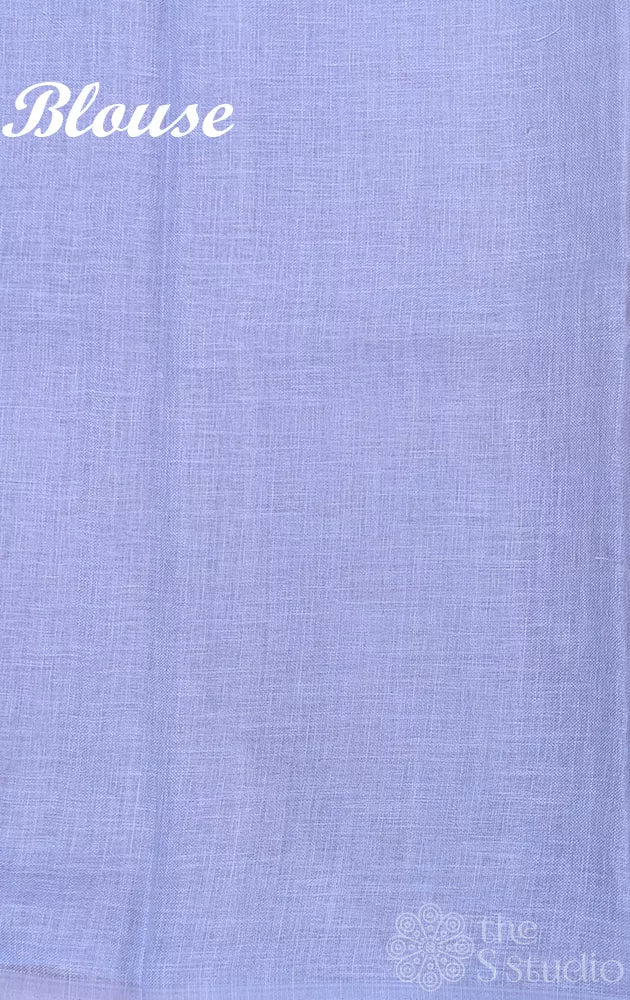 Off white linen saree with powder blue floral prints