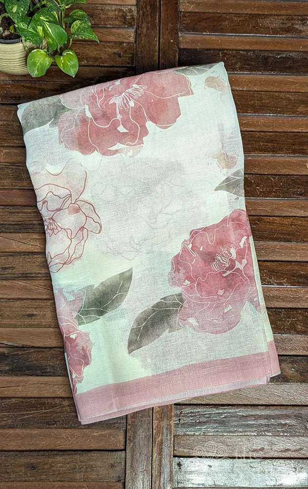 Off white linen saree with onion pink colour floral prints