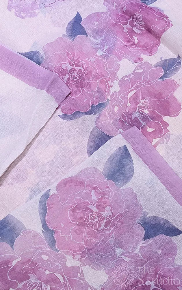 Off white linen saree with pink floral prints