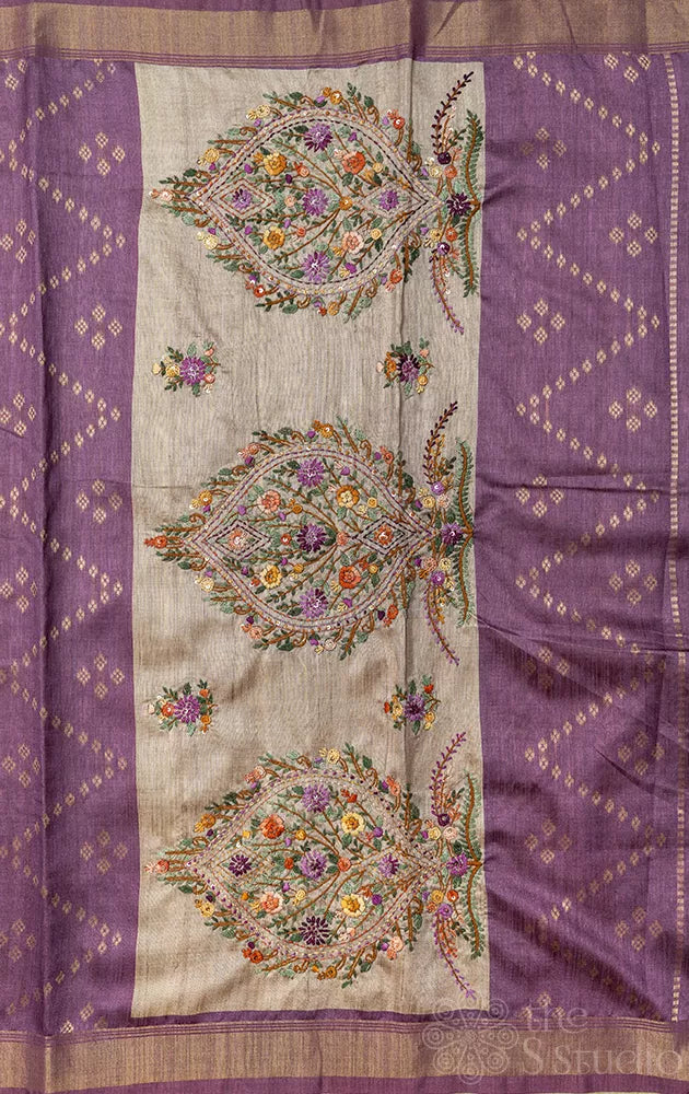 Purple semi tussar saree with embroidery