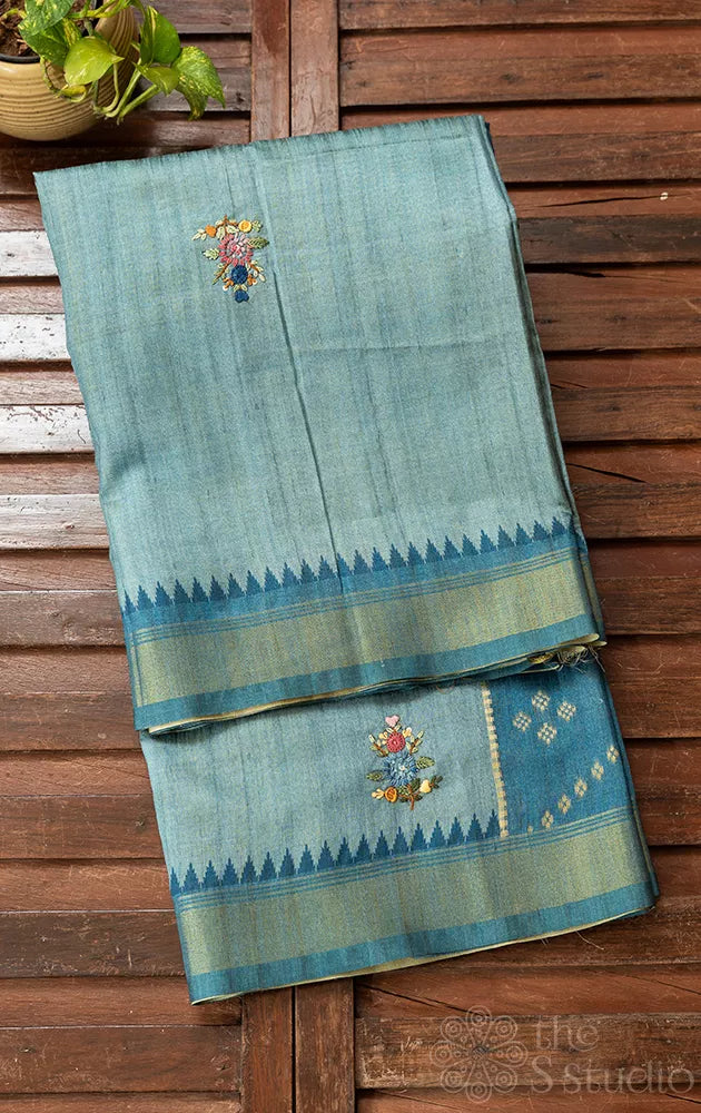 Light blue semi tussar saree with temple border