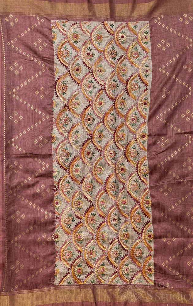 Brown semi tussar saree with zari border