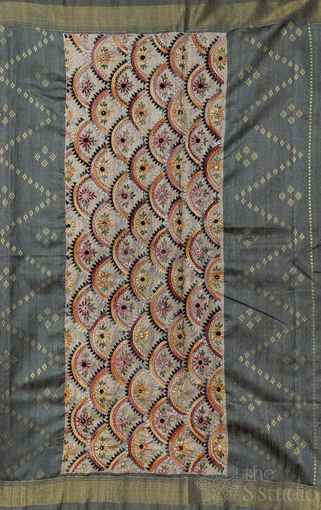 Greyish green semi tussar saree with embroidery