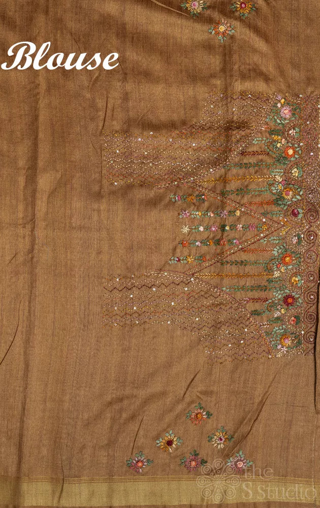 Mustard semi tussar saree with gold zari border