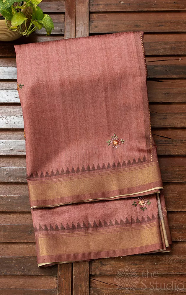 Brown semi tussar saree with floral threadwork