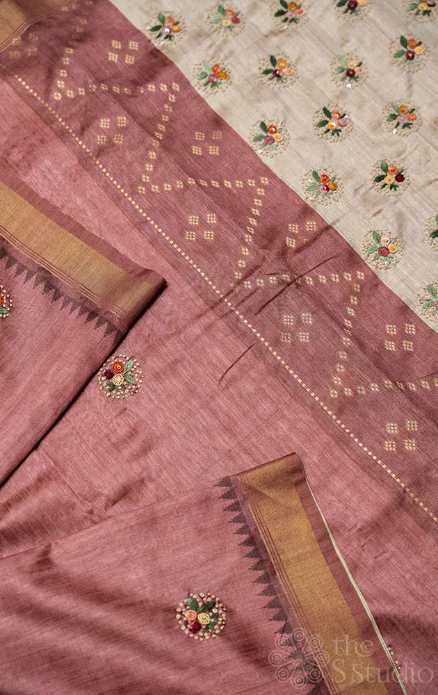 Brown semi tussar saree with floral embroidery