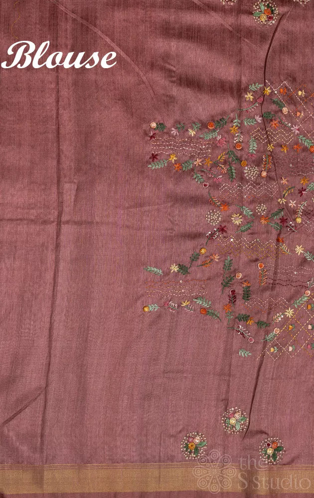 Brown semi tussar saree with floral embroidery